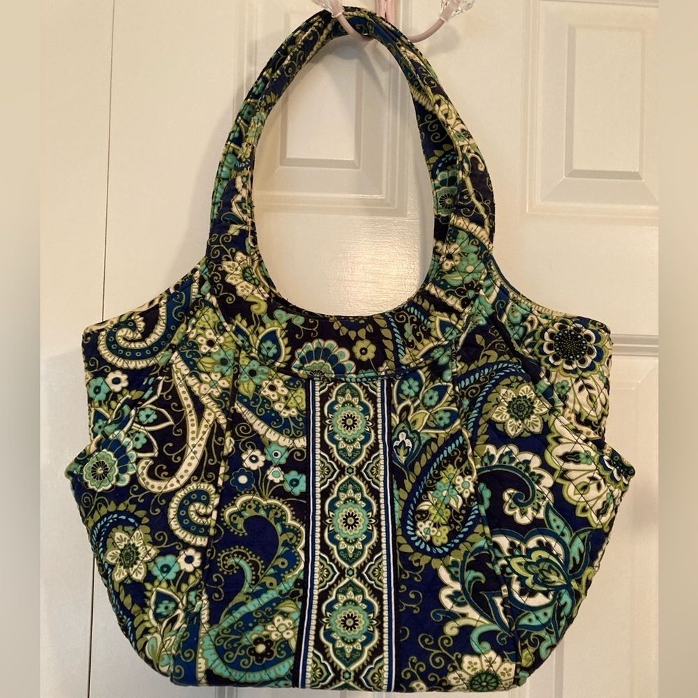 Quilted Floral Paisley Tote Bag in Navy and Green
